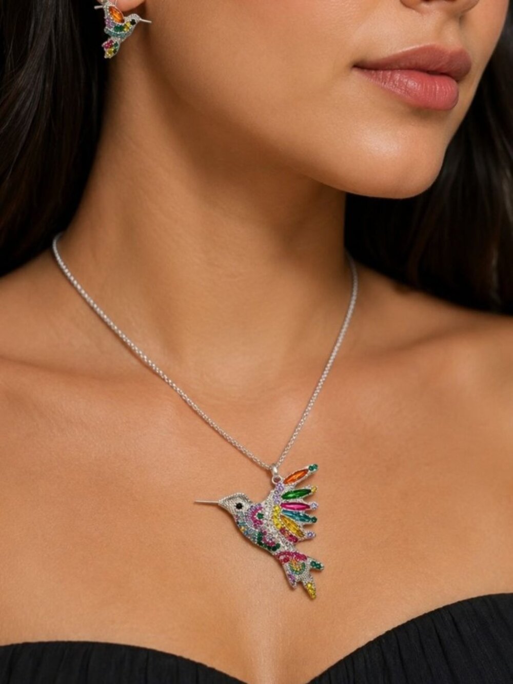 New Artisan Made Mexico Sterling Silver Stamped Hummingbird Necklace Earring Set